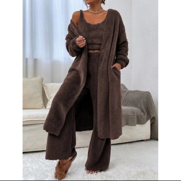 cozy brown teddy flannel cardigan & tank top & pants set fall winter warm casual - Picture 5 of 8